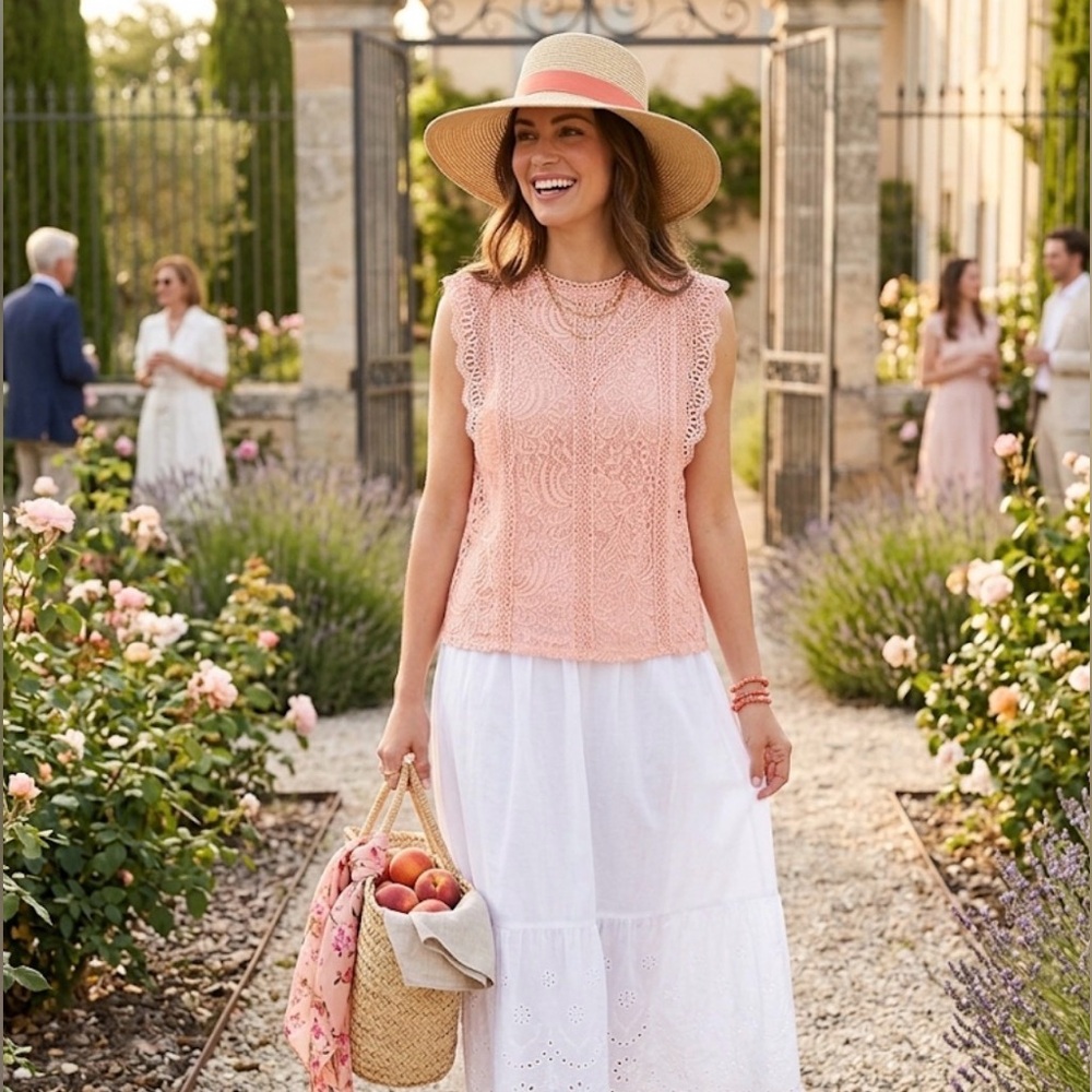 Women Cable & Gauge eyelet detail Lace Blouse - Coral  Sz M